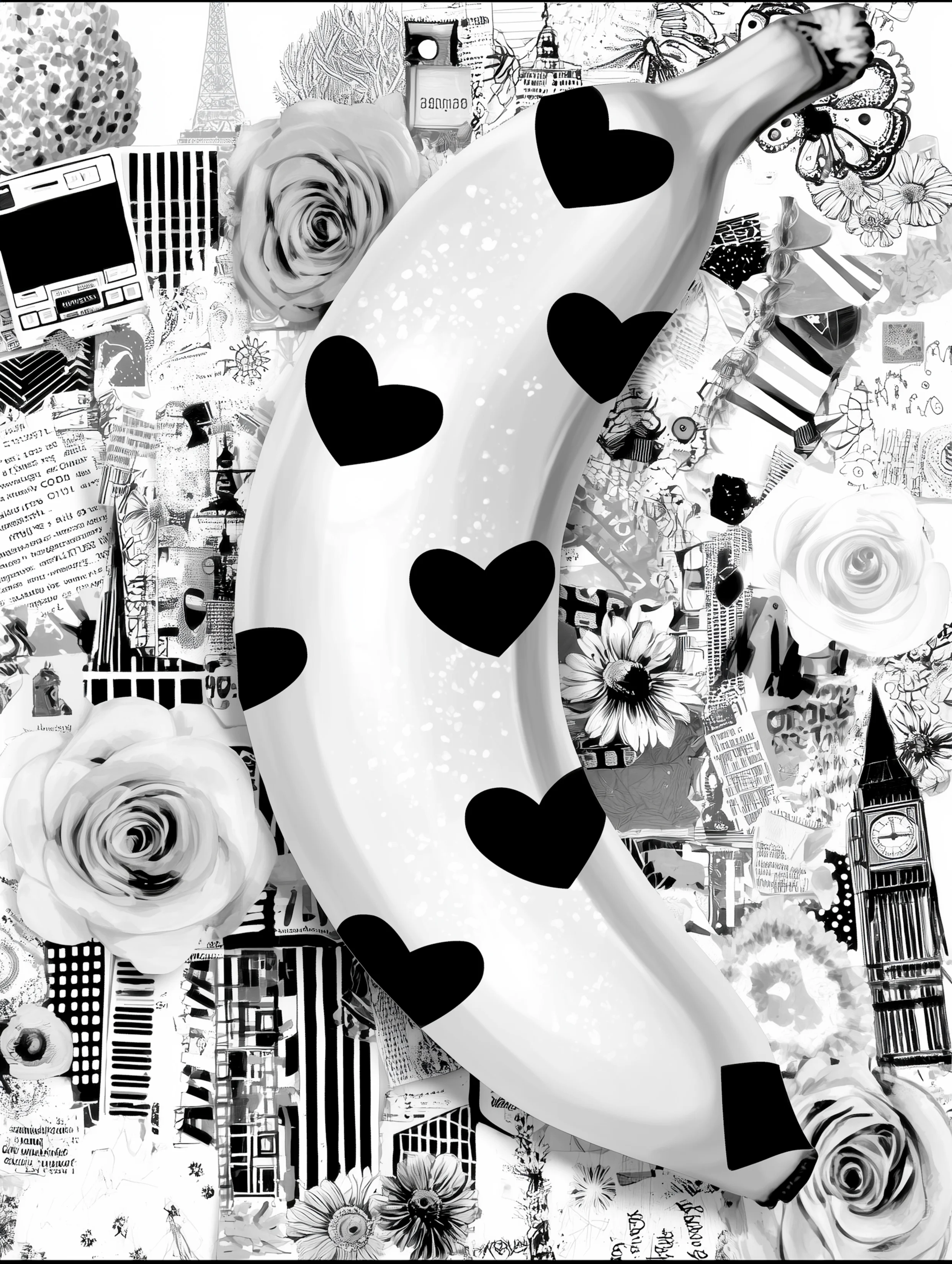 Free printable banana coloring page for adults featuring black hearts banana